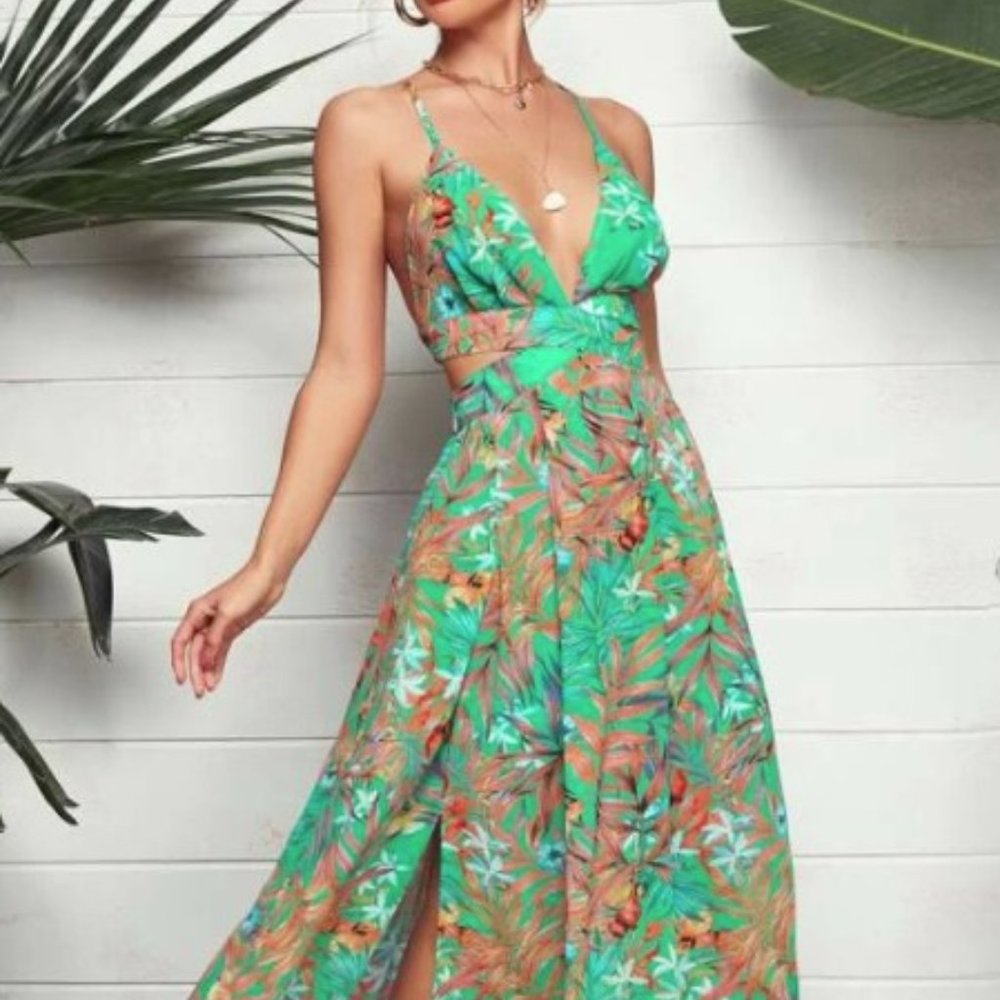 SHEIN Plunging Neck Crisscross Tie Back Split Tropical Print Maxi Dress